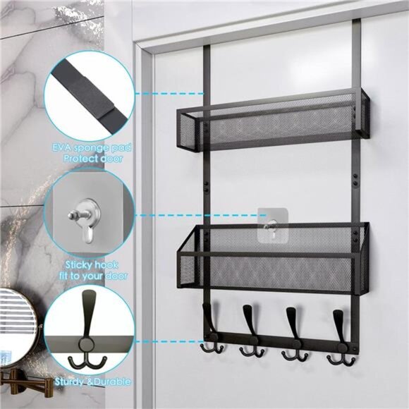 Over The Door Hooks Organizer Storage Rack Bathroom Kitchen Bedroom Office Black - Picture 6 of 7